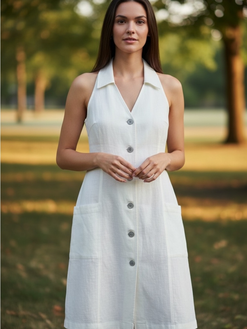 Boston Proper Vintage White Sleeveless Button Front Shirt Dress. Women’s Size 12